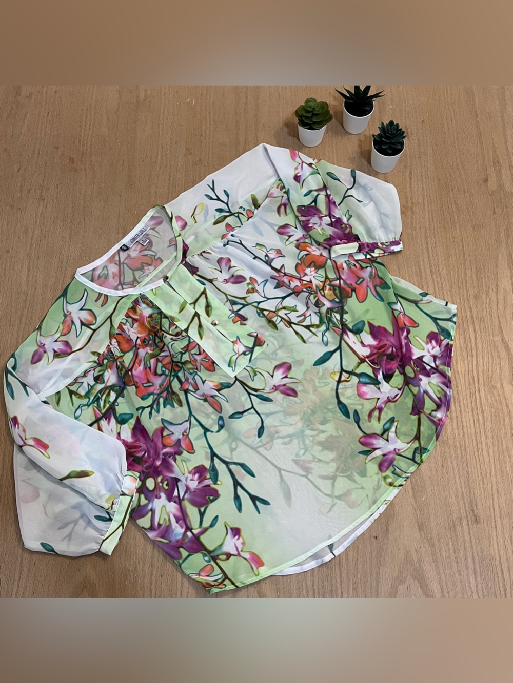 Jennifer Lopez Lightweight Sheer Floral Print Top with 3/4 Sleeves